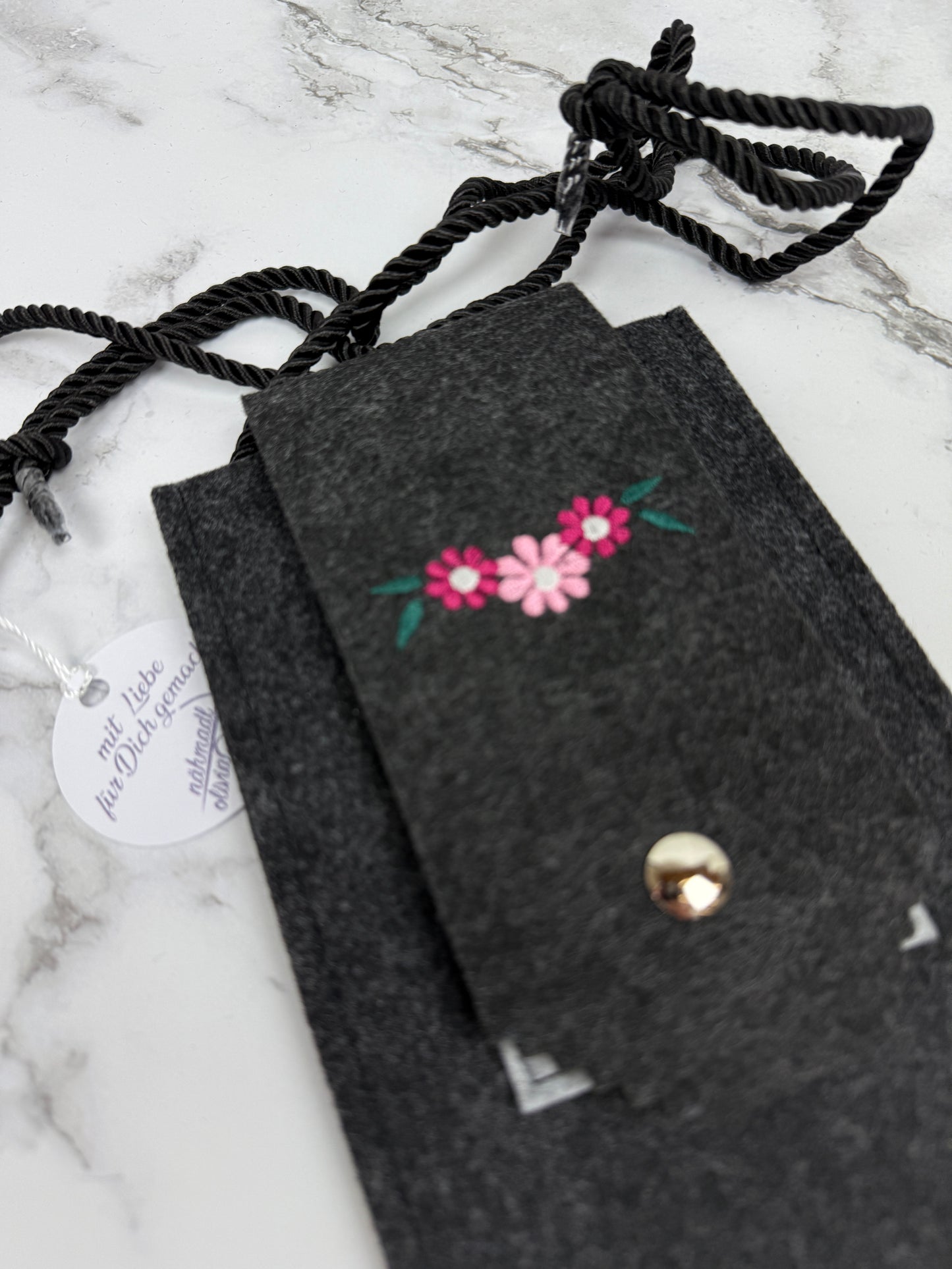 Universale Handytasche aus Filz mit verstellbarem Gurt und Blumen Stickerei