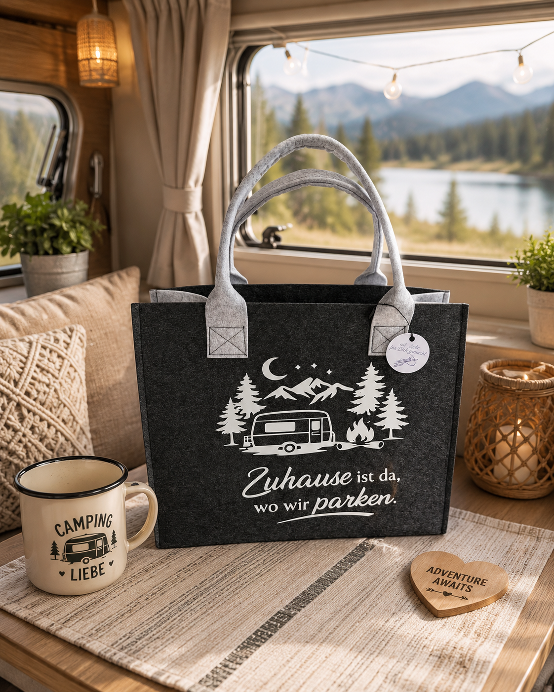 Handgefertigte Filztasche „Zuhause ist da, wo wir parken“ – Wohnwagen Edition