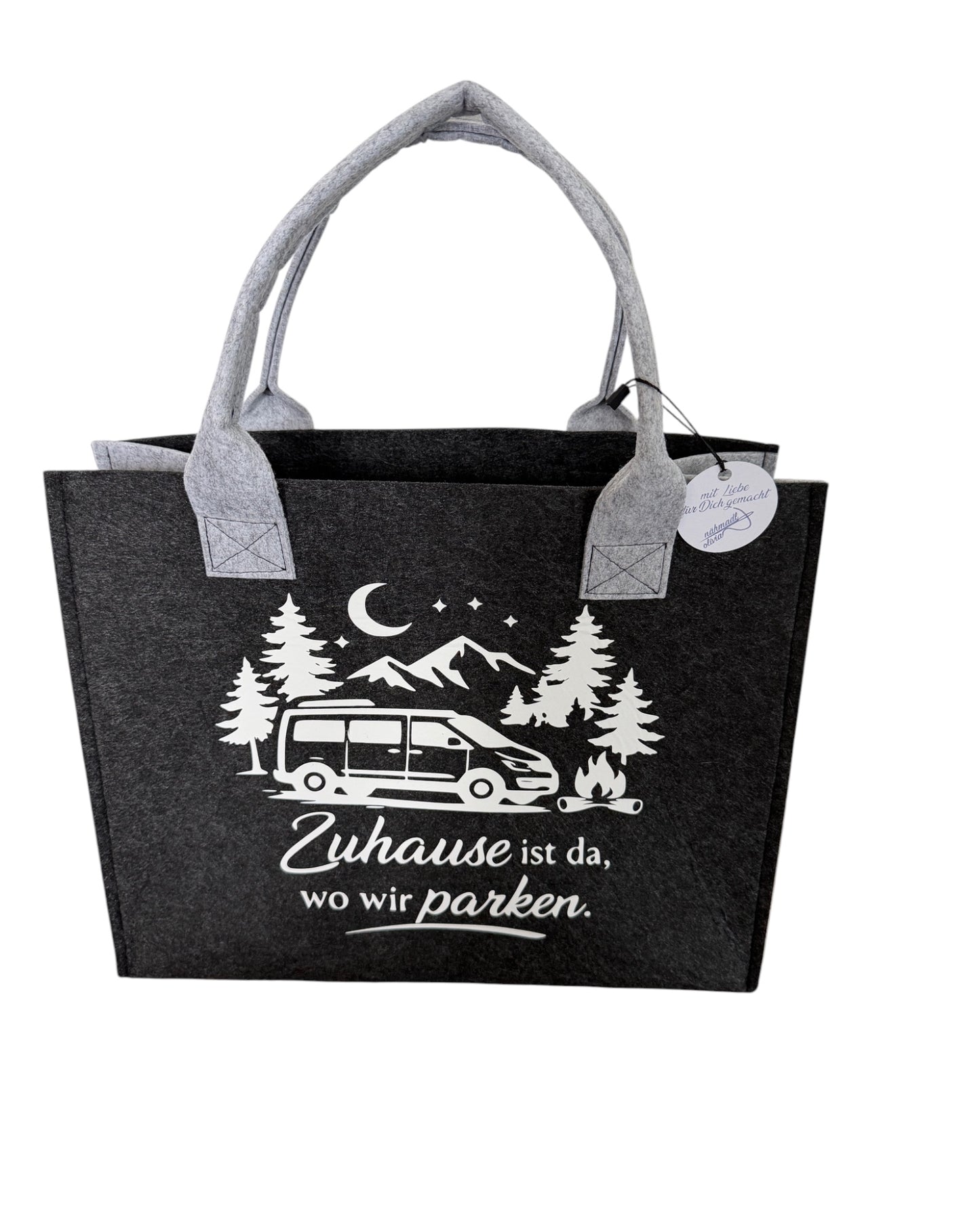 Handgefertigte Filztasche „Zuhause ist da, wo wir parken“ – Campervan Edition