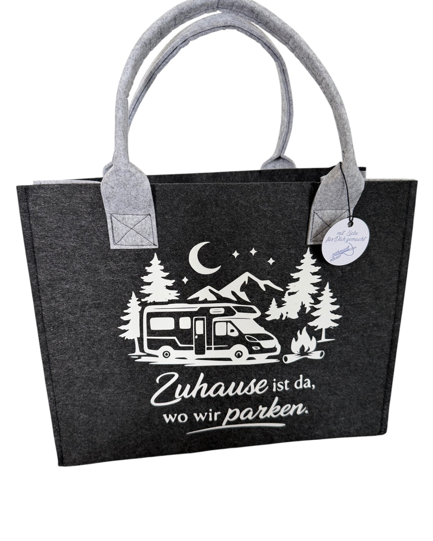 Handgefertigte Filztasche „Zuhause ist da, wo wir parken“ – Wohnmobil Edition