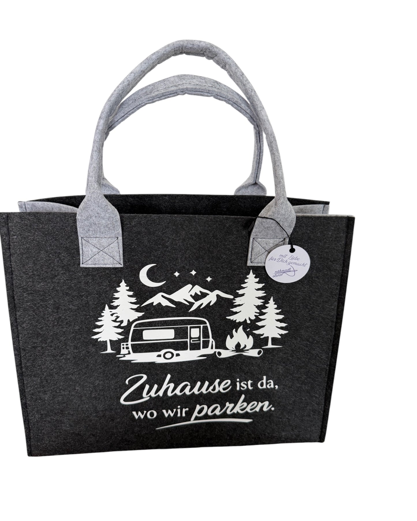 Handgefertigte Filztasche „Zuhause ist da, wo wir parken“ – Wohnwagen Edition