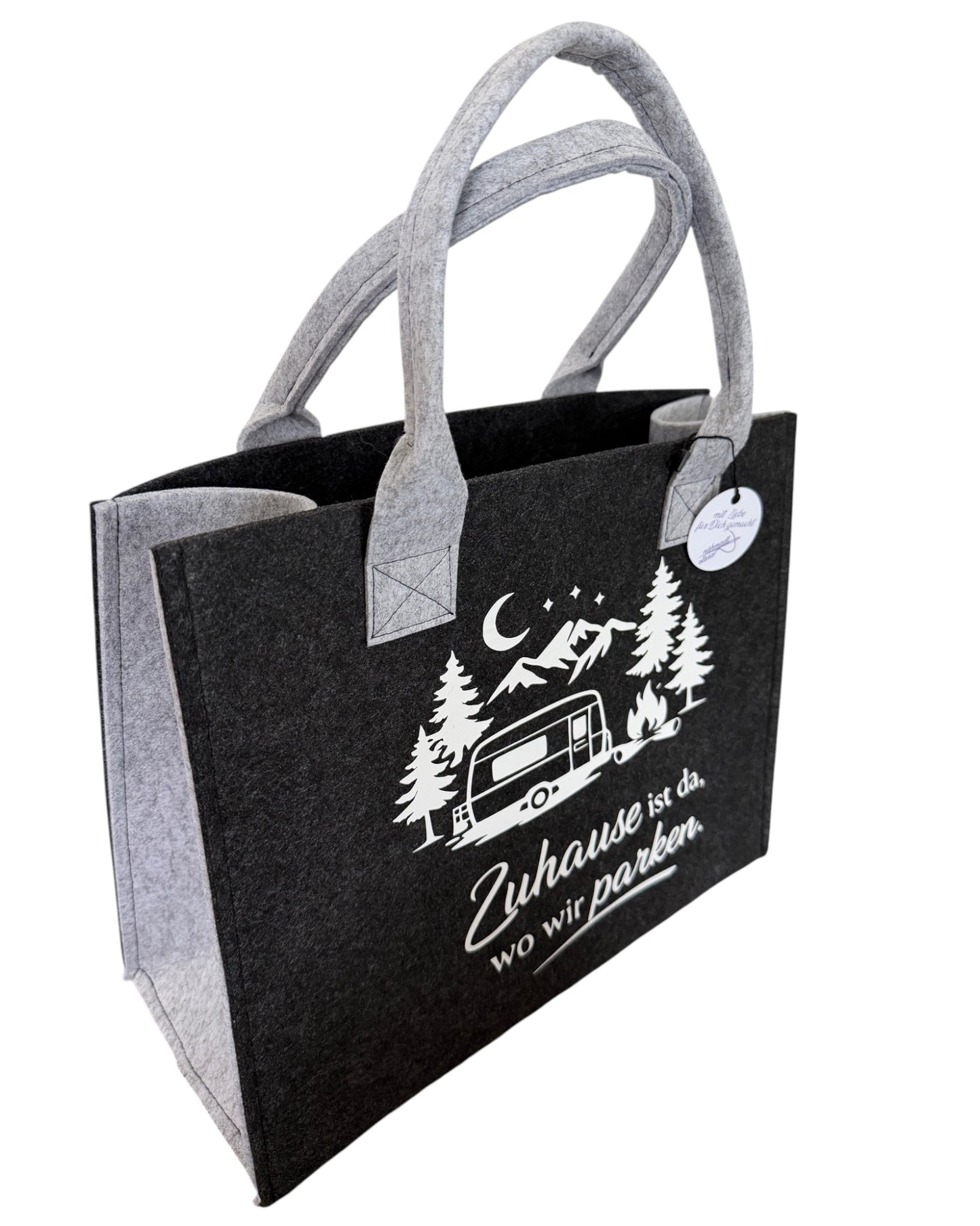 Handgefertigte Filztasche „Zuhause ist da, wo wir parken“ – Wohnwagen Edition